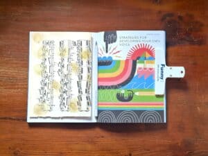 Pagina colorata di un libro aperto con il titolo "Strategies for Developing Your Own Voice"
